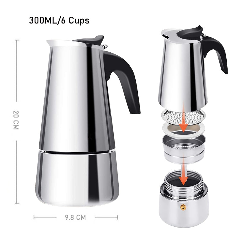 Moka Coffee Pot Espresso Latte Percolator Stove Coffee Maker Espresso Pot Italian Coffee Machine 200/300/450ml Stainless Steel