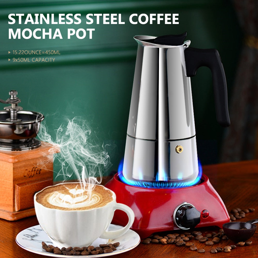 Moka Coffee Pot Espresso Latte Percolator Stove Coffee Maker Espresso Pot Italian Coffee Machine 200/300/450ml Stainless Steel